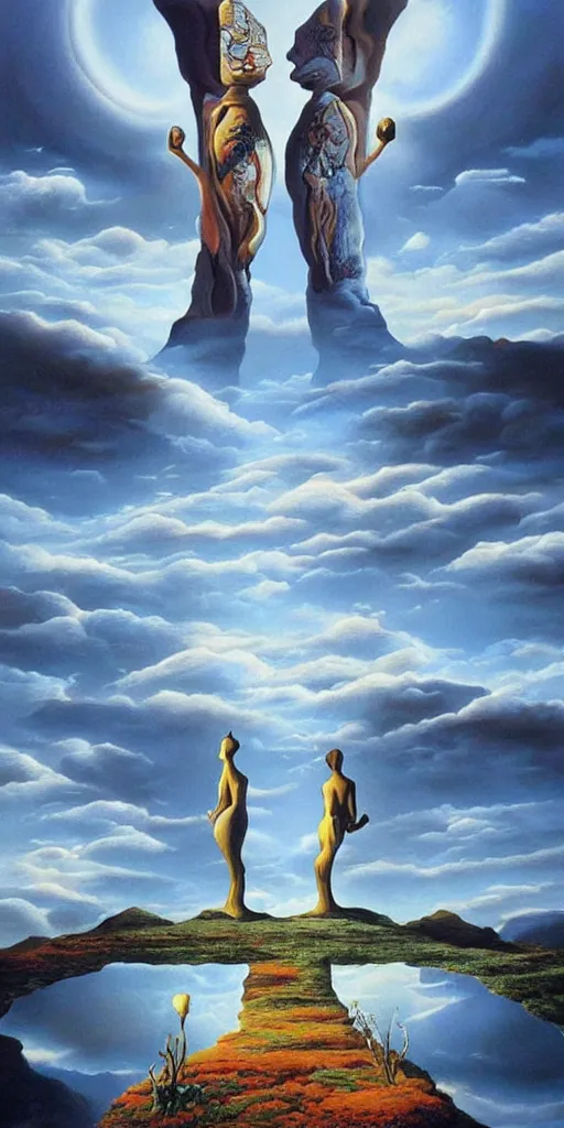 Image similar to symmetry!! they looked at each other, surreal landscape, serene, peace, very detailed, perfect composition, perfect lighting, 4 k, salvador dali, tim white, artgerm