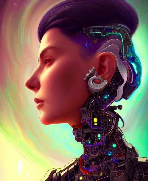 Prompt: a whirlwind inside the metaverse, male, hologram, half body, neurochip, shaved temple, piercing, jewelry, android, cyborg, cyberpunk face, by loish, d & d, fantasy, intricate, elegant, highly detailed, colorful, digital painting, artstation, concept art, art by artgerm and greg rutkowski and alphonse mucha