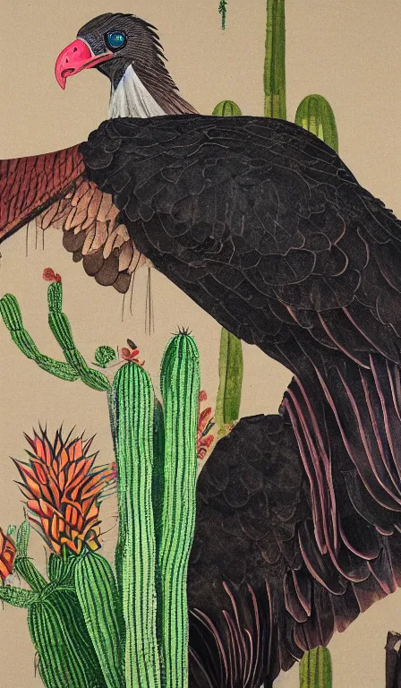 Prompt: close up of turkey vulture sitting on cactus by Shen Quan, hanging scroll, ink and colours on silk