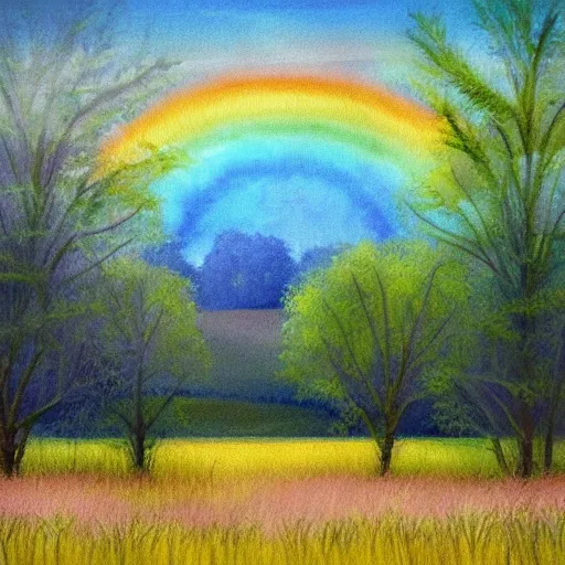 Image similar to A illustration of a beautiful landscape, delicate brushstrokes. peaceful & serene, with a gentle breeze blowing through the trees & flowers. colors are muted & gentle, calm & tranquility. well balanced & harmonious. color & composition, pleasing to the eye & calming to the soul. rainbow by Ed Emshwiller ornamented, exciting