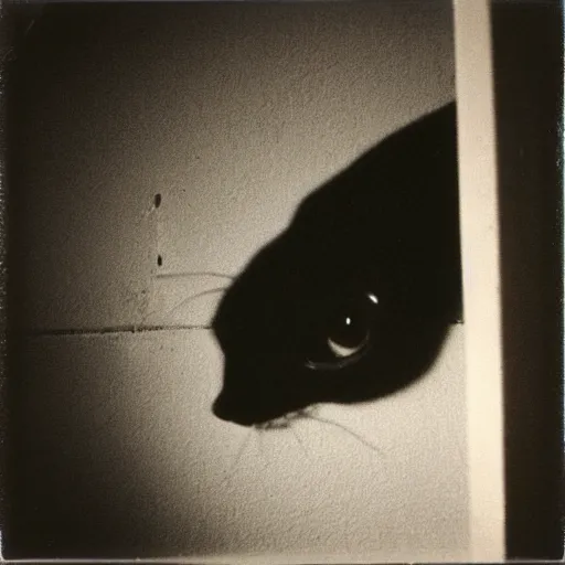 Image similar to wide - shot low - angle ant's eye view, sharp shadow!! of a cat!! only shadow on the wall in the street, polaroid photo, by andy warhol