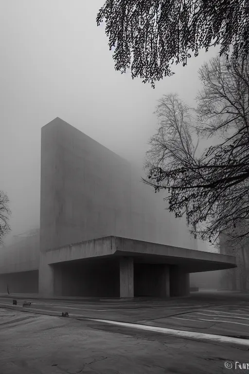 Image similar to a photograph of the russian secret service headquarters, on a misty morning. Brutalist architecture, concrete and steel. Highly detailed. Wide angle photography.