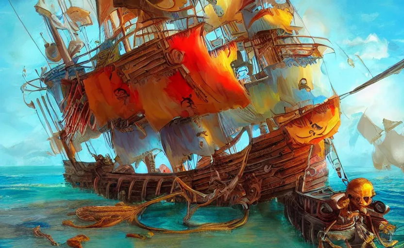 Prompt: pirate ship, storybook, colorful, lush, artstation