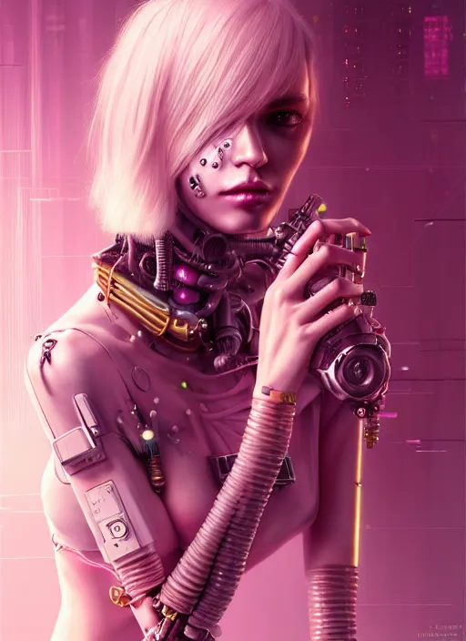 Prompt: soft lustrous full body ivory pink biotech raver gutter punk cyberpunk cyborg bioweapon, golden ratio, details, scifi, fantasy, cyberpunk, intricate, decadent, highly detailed, digital painting, octane render, artstation, concept art, smooth, sharp focus, illustration, art by artgerm, loish, wlop