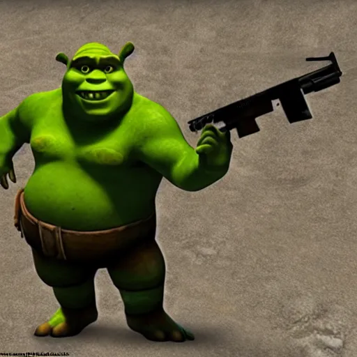 Image similar to shrek in the style of counter strike on de _ dust 2 holding a rifle