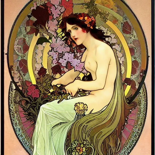 Prompt: persephone as godess of hell, death and flowers, painted by alphonse mucha