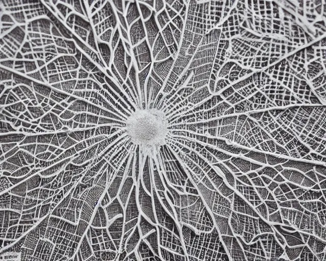 Prompt: extreme close up of a retina, made of intricate decorative lace leaf skeleton, in the style of the dutch masters and gregory crewdson, dark and moody