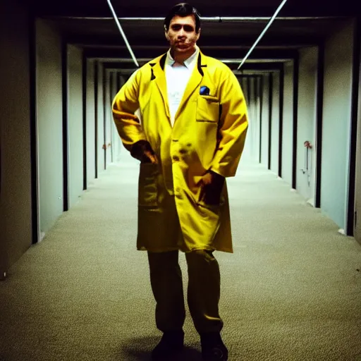 Image similar to flash low quality photograph of a male scientist wearing a lab coat in the backrooms, mustard - yellow old moldy moist carpet room, empty liminal space, very dark shadows, broken fluorescent lighting, horror movie scene, film grain