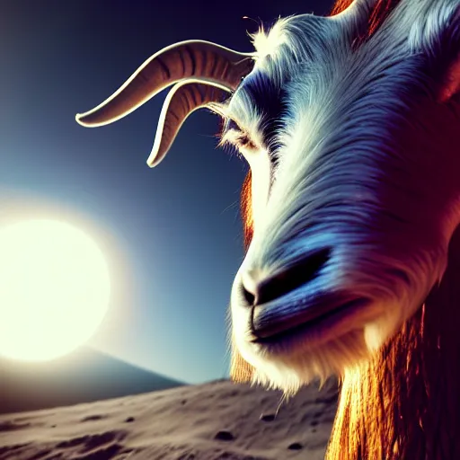 Image similar to professional photo goat on four feet in astronaut suit on the moon, closeup shot, hyperrealistic masterpiece, trending on artstation, cgsociety, kodakchrome, golden ratio, cinematic, composition, beautiful lighting, hyper detailed, sharp focus, octane render, 4 k, unreal engine