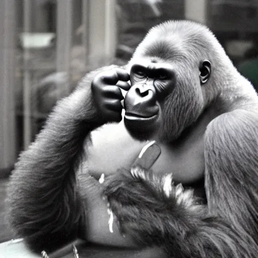 Image similar to realistic detailed sharp 35mm photo of a gorilla eating a burger at McDonald's