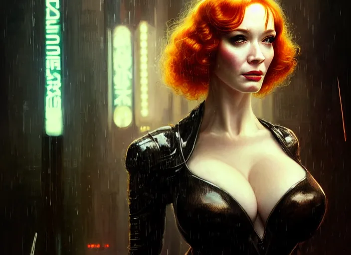 Image similar to portrait shot of christina hendricks in bladerunner wearin a cyberpunk costume, intricate, elegant, highly detailed, centered, digital painting, artstation, concept art, smooth, sharp focus, illustration, artgerm, tomasz alen kopera, peter mohrbacher, donato giancola, joseph christian leyendecker, wlop, boris vallejo