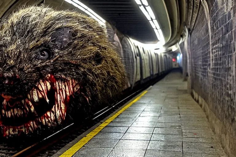 Prompt: very large giant mutant zombie irradiated ( angry rat ) staying on railways in tonnel of moscow subway. tonnel, railways, giant angry rat, furr, fangs, claws, very realistic. extreme long shot, 1 6 mm, rusty colors, anish kapoor, ( herman nitsch, giger ).
