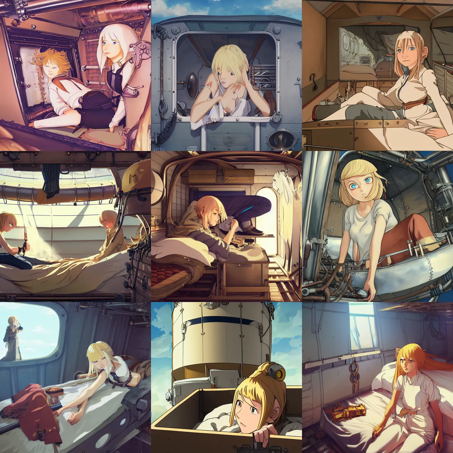 Prompt: Blonde female airship mechanic waking up in her cramped bunk, steampunk, defined facial features, highly detailed, illustration, Makoto Shinkai and Studio Ghibli anime screenshot, by Ilya Kuvshinov and Andrei Riabovitchev