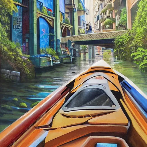 Image similar to Narrow cosy waterway in futuristic sci-fi city in harmony with nature, kayak. Nice colour scheme, soft warm colour. Beautiful detailed painting by Lurid. (2022)