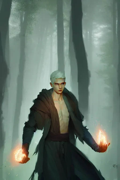 Image similar to a human elemental sorcerer, forest setting, colorful magic, male, white skin, young, sharp focus, concept art, dynamic lighting, unreal engine, by greg rutkowski 0. 5 | emylie boivin 1. 0 | kyle herring 2. 0