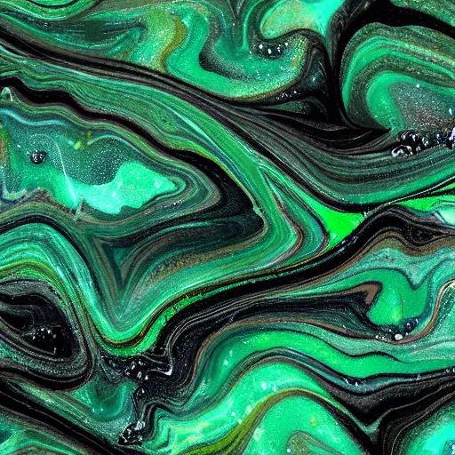 Image similar to beautiful liquid marble texture with oil bubbles and little twirls. harmonic black and green tones coloured abstraction. ultradetailed realistic art