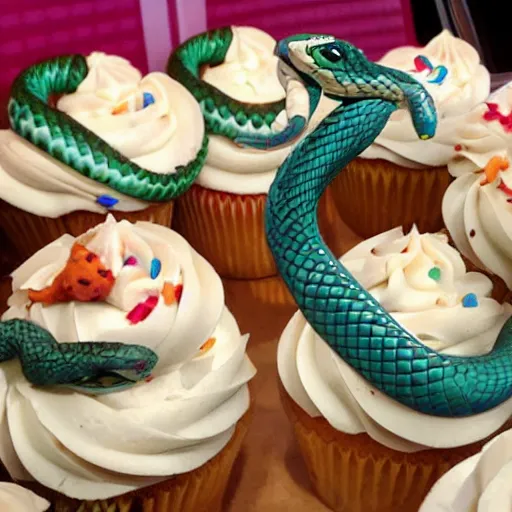 Prompt: snakes on an airplane eating cupcakes