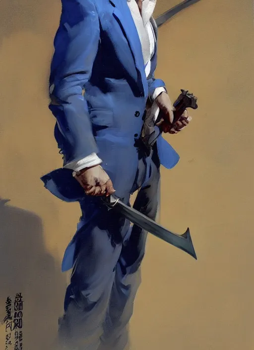 Image similar to greg manchess portrait painting of a blond man in a blue suit with a sword and a pistol, asymmetrical, profile picture, organic painting, sunny day, matte painting, bold shapes, hard edges, street art, trending on artstation, by huang guangjian, gil elvgren, ruan jia, randy vargas, greg rutkowski