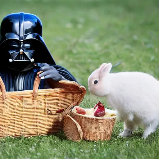 Image similar to a photo of darth vader having a picnic with a bunny