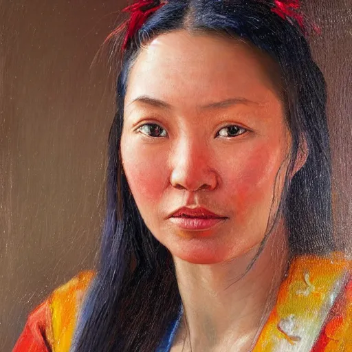 Prompt: portrait of an kyrgyzstani woman ( 3 5 ) from kyrgyzstan in 2 0 2 1, an oil painting by ross tran and thomas kincade