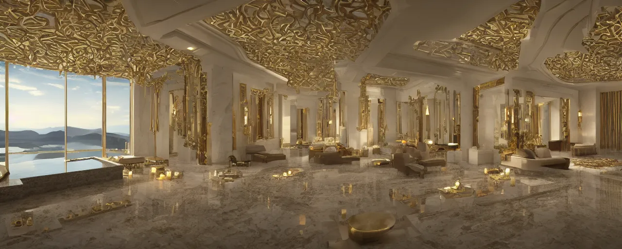 Image similar to 3 d render of a cinematic interior of a triple height hyper luxury spa with everything made of gold, candles, windows with view to desert mountains and river, beige stone marble floor with reflection, small wellness relaxation pool, intricate hieroglyph detailed roof, contemporary design, fractal sacred geometry, 8 k, hyperrealistic, photorealism,