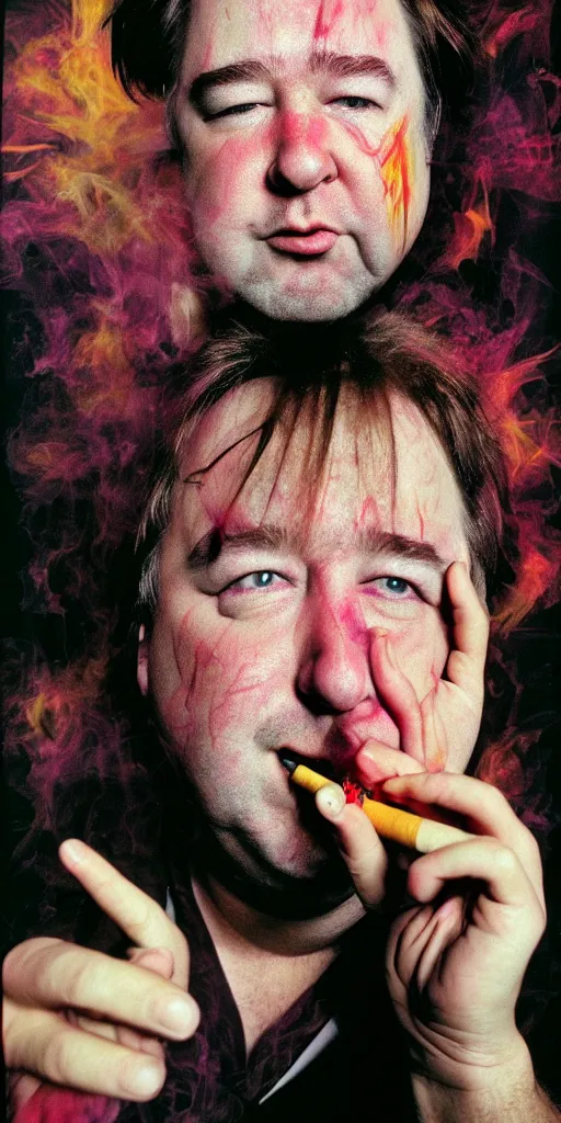 Image similar to award winning photo of bill hicks SNORTING SMOKING TRIPPING, vivid colors, happy, symmetrical face, beautiful eyes, studio lighting, wide shot art by Sally Mann & Arnold Newman