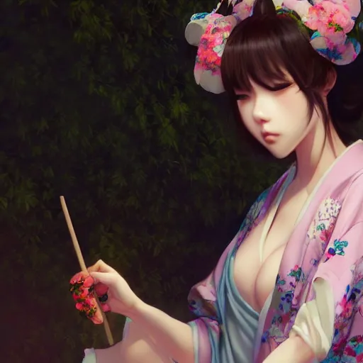 Image similar to realistic beautiful gorgeous natural cute drunk girl in kimono art drawn full HD 4K highest quality in artstyle by professional artists WLOP, Taejune Kim, yan gisuka, JeonSeok Lee, artgerm, Ross draws, Zeronis, Chengwei Pan on Artstation