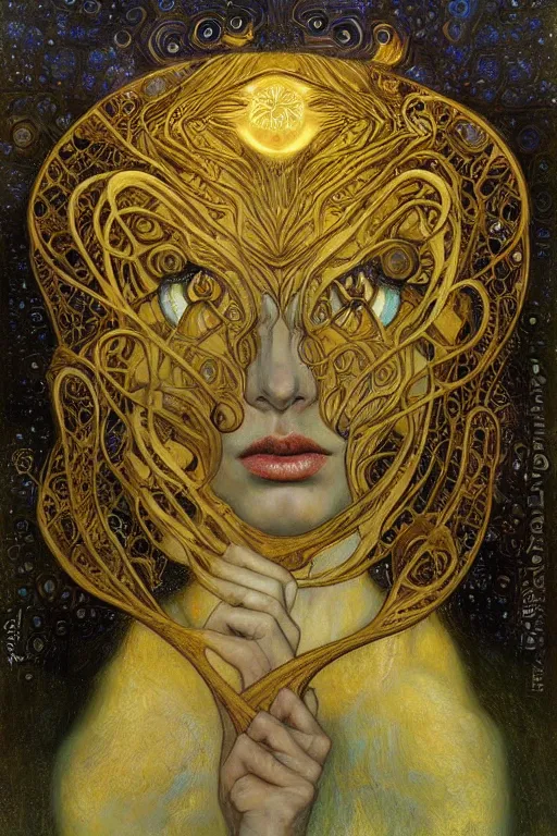 Image similar to Metamorphosis by Karol Bak, Jean Deville, Gustav Klimt, and Vincent Van Gogh, transformation portrait, visionary, otherworldly, fractal structures, ornate gilded medieval icon, third eye, dynamic, spirals