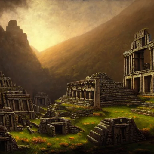 Image similar to a beautiful and highly detailed matte painting of aztec ruins in the mountains, thick mist, sunlight, celtic, psychedelic, epic scale, insanely complex, hyperdetailed, sharp focus, hyperrealism, artstation, cgsociety, 8 k, bright colors, by caspar friedrich, albert bierstadt, james gurney, brian froud,