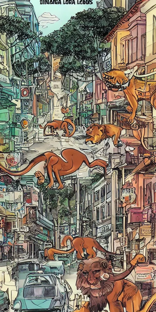 Image similar to singapore city streets, escaped lions, graphic novel