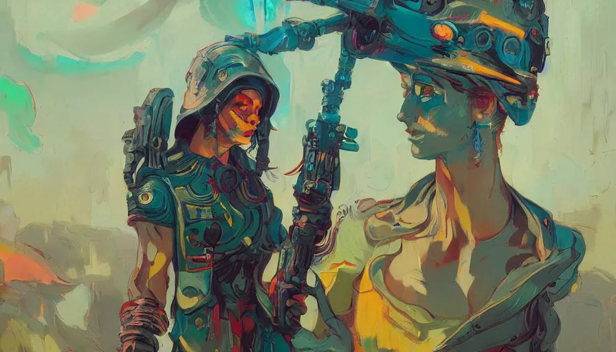 Prompt: psychedelic cyberpunk stylish woman soldier, allegorical style, by peter mohrbacher, jeremy mann, francoise nielly, van gogh, ross tran, beautiful, award winning scenery