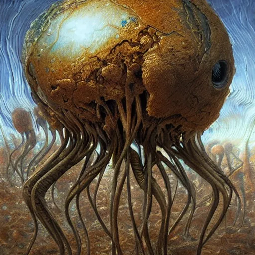 Image similar to Alien planet, hyper-realistic oil painting, Environmental art by Peter Gric, Marco Mazzoni