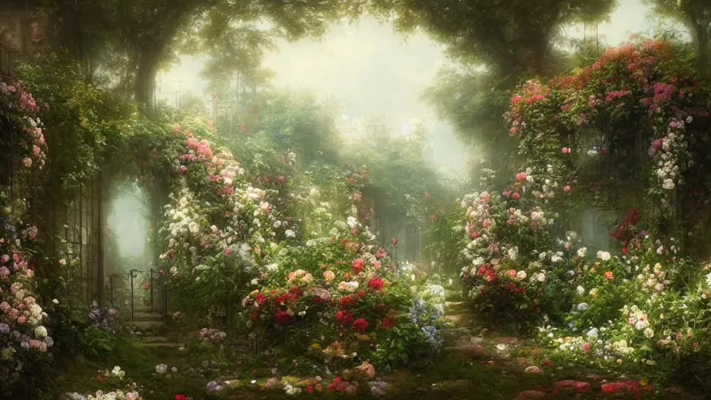 Prompt: a secret garden with many flowers. andreas achenbach, artgerm, mikko lagerstedt, zack snyder, tokujin yoshioka