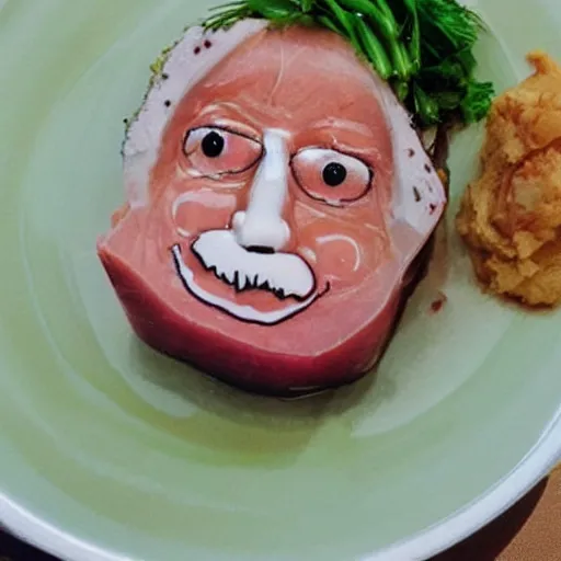 Prompt: !!! eisbein!!! with the face of albert einstein on a eisbein, pickled!!! ham!!! hock with the face of einstein, food photography, mash and gravy and eisbein with peas on a plate