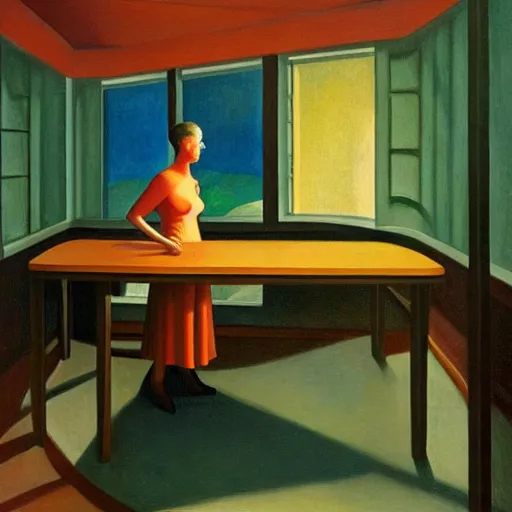 Image similar to a scientist invents a teleporter, grant wood, pj crook, edward hopper, oil on canvas
