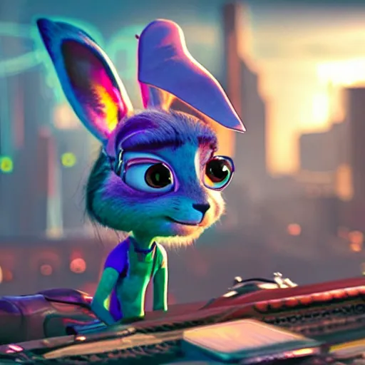 Prompt: cyberpunk bunny, pixar, looks like judy hops, zootopia