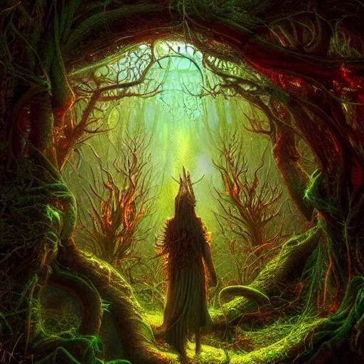 Image similar to Photorealistic demon god standing in an enchanted magical forest in the style of Michael Whelan and Gustave Dore. Hyperdetailed photorealism, 108 megapixels, amazing depth, glowing rich colors, powerful imagery, psychedelic Overtones, 3D finalrender, 3d shading, cinematic lighting, artstation concept art