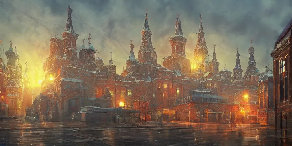 Image similar to A high detailed beautiful magical Soviet town, magic lights, magic mist, five-story panel buildings, oil painting, concept art, fantasy cityscape, Soviet constructivism, art by Ted Nasmith and James Gurney, high resolution, octane render, trending on artstation