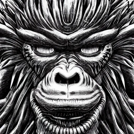 Prompt: an ape plant monster, menacing expression, nature themed, 4 k, glowing amber eyes, intricate details, highly detailed, kentaro miura art style