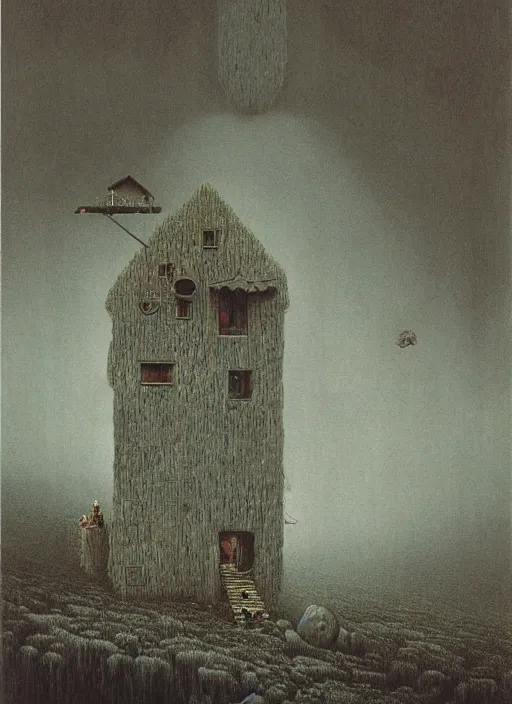 Prompt: mountain cabin by beksinski and salvadore dali