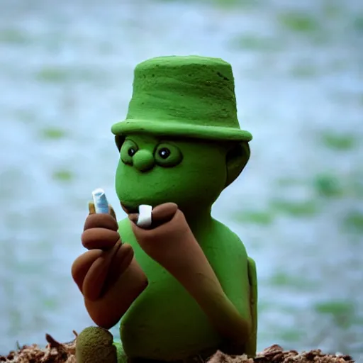 Image similar to cinematic shot of a cute green clay man smoking a cigarette and sitting by a riverbank, 8k, highly intricate, highly detailed,