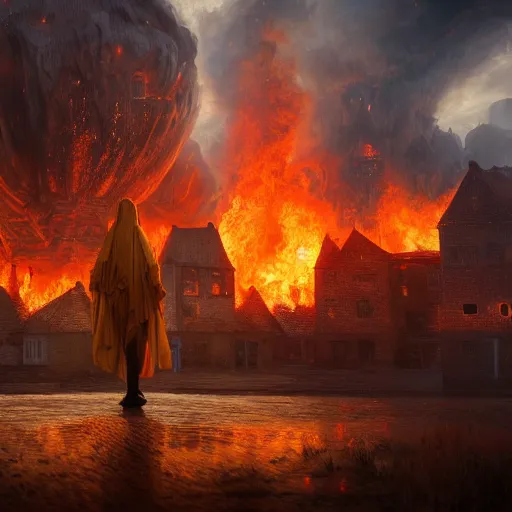 Prompt: a highly detailed cloaked creature from another dimension watching a house on fire, firestorm, wide perspective, low perspective, burning village, highly detailed digital art, cinematic, hyper realism, oil on canvas, trending on Artstation, octane render