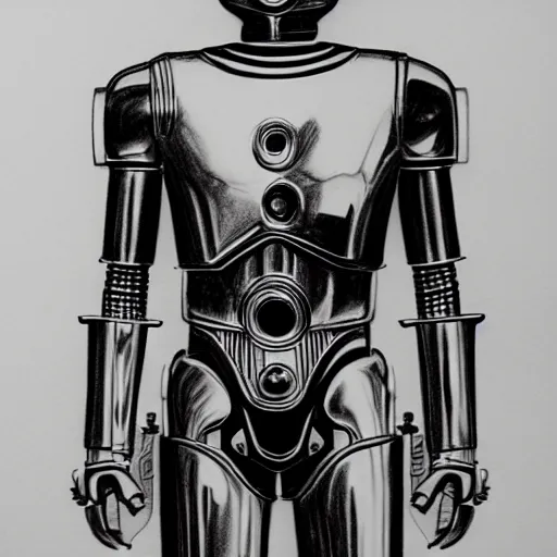 Prompt: full body black and white pencil sketch of muscular C3PO