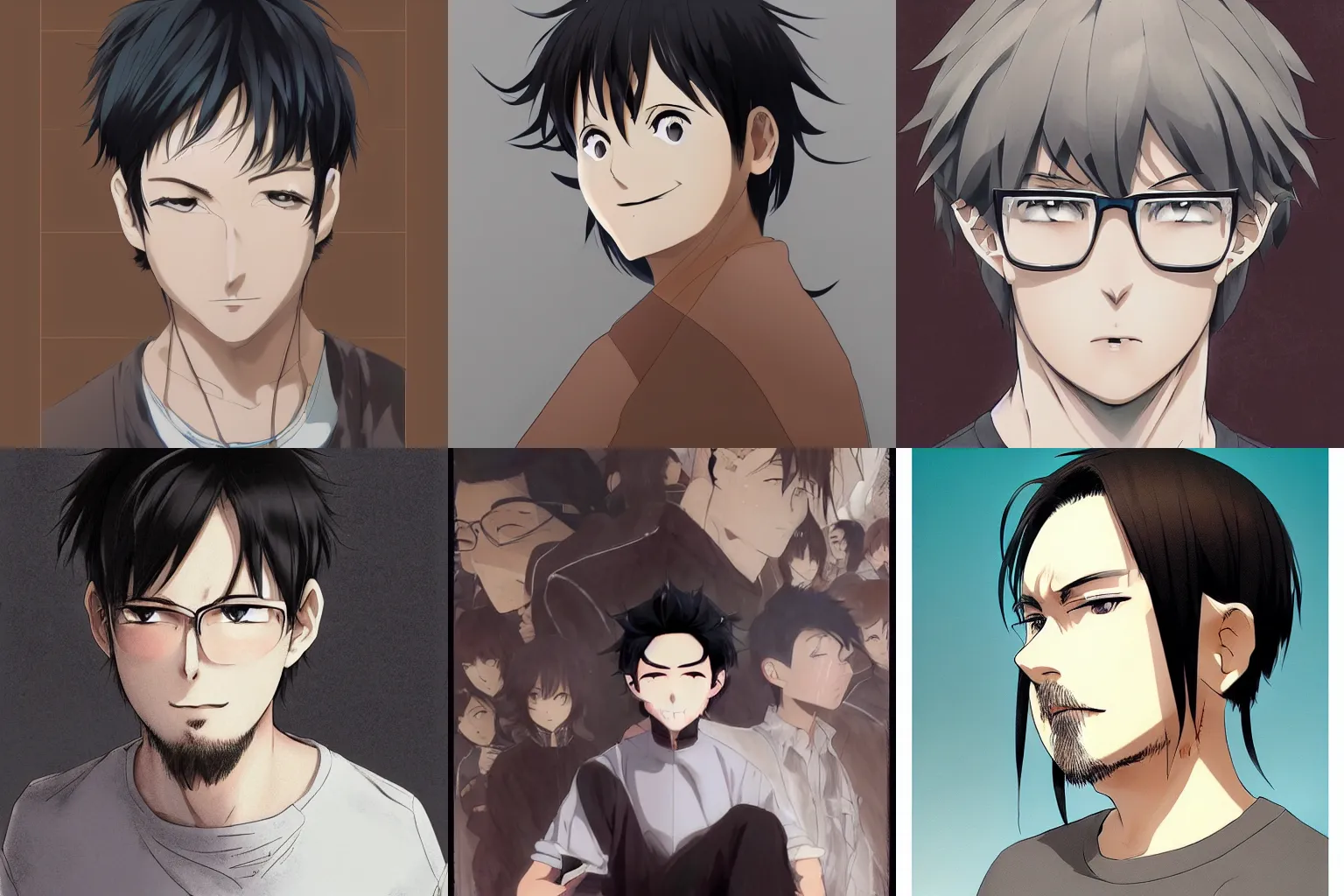 Prompt: An anime portrait of a mid-sized anime man with very short black hair, round face, brown eyes, short light grey whiskers, stubble, no glasses, wearing a t-shirt, his whole head fits in the frame, by Stanley Artgerm Lau, WLOP, Rossdraws, James Jean, Andrei Riabovitchev, Marc Simonetti, and Sakimi chan, trending on artstation