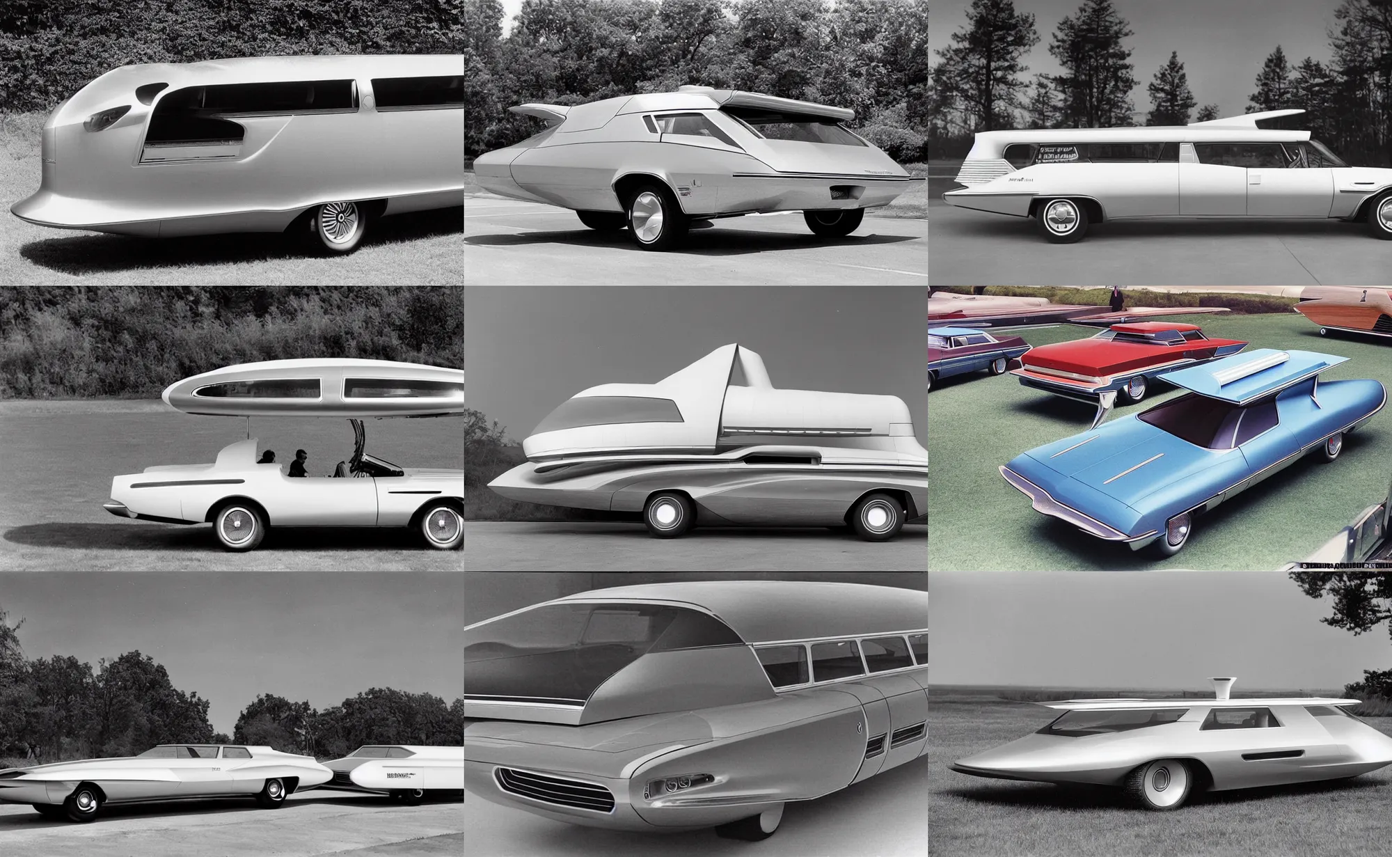 Prompt: retrofuturistic gm oldsmobile firebird space van wagon of the future inspired by streamlined spaceship design, designed by Gordon Buehrig, 1960s american world's fair, press photograph