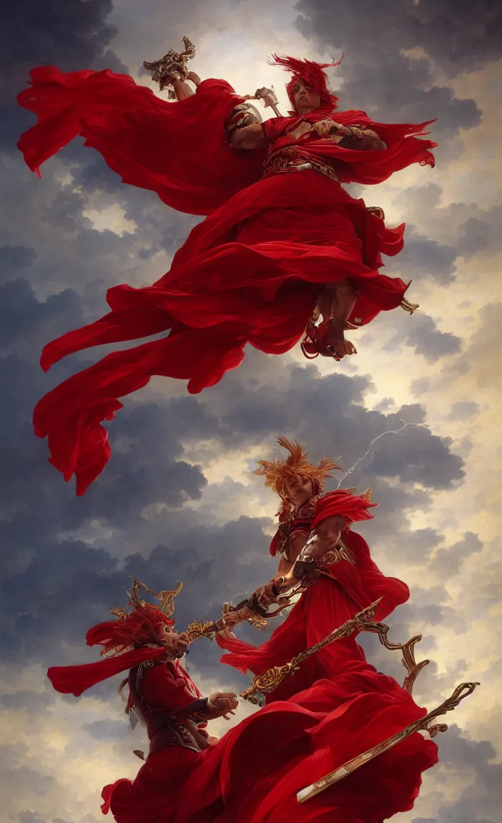 Image similar to A boisterous Red Mage wearing striped shining armor holding a staff of power surrounded by an epic cloudscape. The Magus Omega . Red Wizard. Morpheus. masterpiece. 4k digital illustration. by Ruan Jia and Artgerm and Andreas Rocha and William-Adolphe Bouguereau and Edmund Blair Leighton. award winning, Artstation, intricate details, realistic, Hyperdetailed, 8k resolution. Concept Painting. Key Art