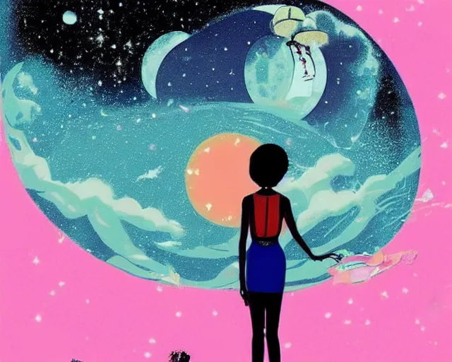 Image similar to 'There is nothing so loathsome as a sentimental surrealist.' illustration by zasxi kdiop, zido, 3000s retro anime aesthetic wallpaper. An isolated girl, dreaming of the galaxy express. I dream of a futuristic, utopian space ship, complete with the sound of the stars dancing to our music