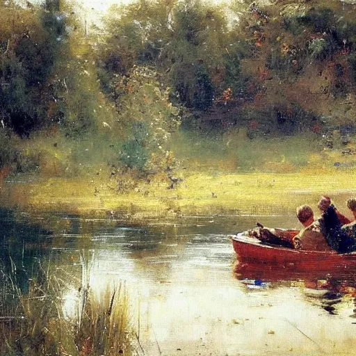 Image similar to painting of dad and son thinking together in boot on a calm lake, by pino daeni