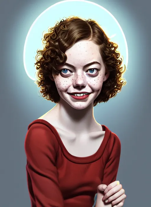 Image similar to portrait of teenage emma stone, freckles, curly middle part haircut, curly hair, smiling kindly, friendly, 1 9 5 0 s, intricate, elegant, glowing lights, highly detailed, digital painting, artstation, concept art, smooth, sharp focus, illustration, art by wlop, mars ravelo and greg rutkowski