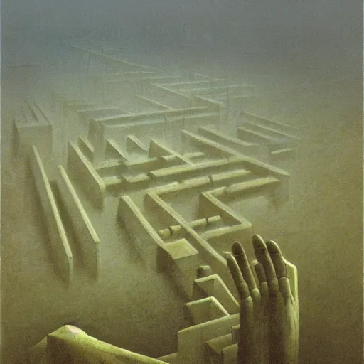 Prompt: arm reaching out of thick fog, symetrical rows of stone blocks in far distance, floating in mid - air, lined up horizontally, hands grabbing onto blocks, zdzislaw beksinski